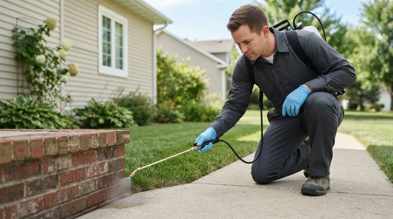 Pest control technician treating a home near Curtis, AR